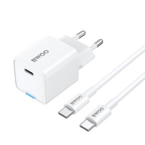 Incarcator BWOO GaN, 30W suport PD/PPS, 1x iesire USB-C 60W, cablu inclus USB-C - USB-C,  2A, Alb
