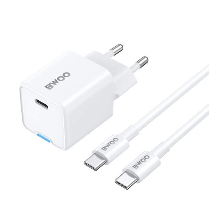 Incarcator BWOO GaN, 30W suport PD/PPS, 1x iesire USB-C 60W, cablu inclus USB-C - USB-C,  2A, Alb