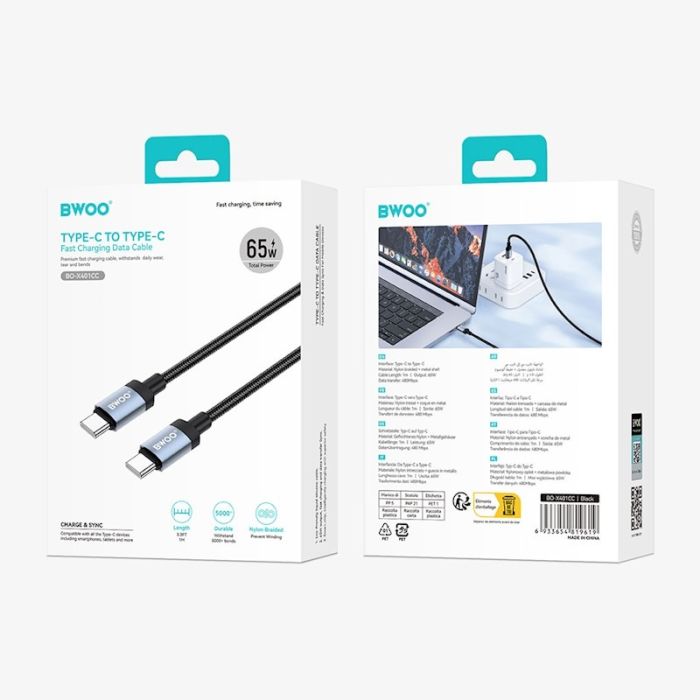 Cablu BWOO, 65W, 1m, USB-C - USB-C, PD,  model BO-X401CC, Negru