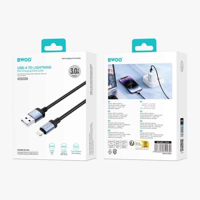 Cablu BWOO,  3A, transfer 480 Mbps, USB-A - Lightning 1m, Negru, model BO-X401L